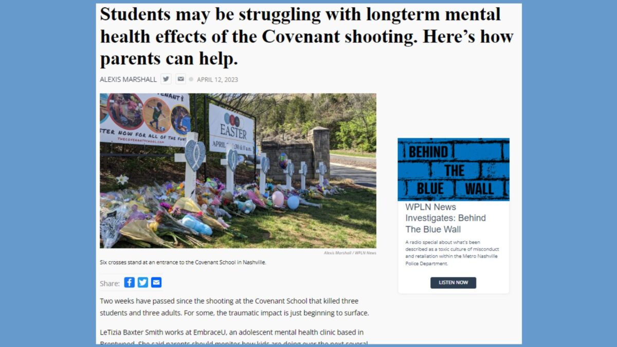 Screen shot of a WPLN.org story about mental impacts of school shootings