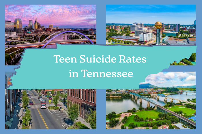 Illustration for Teen Suicide Rates in Tennessee, showing four pictures of cities and the shape of the state.
