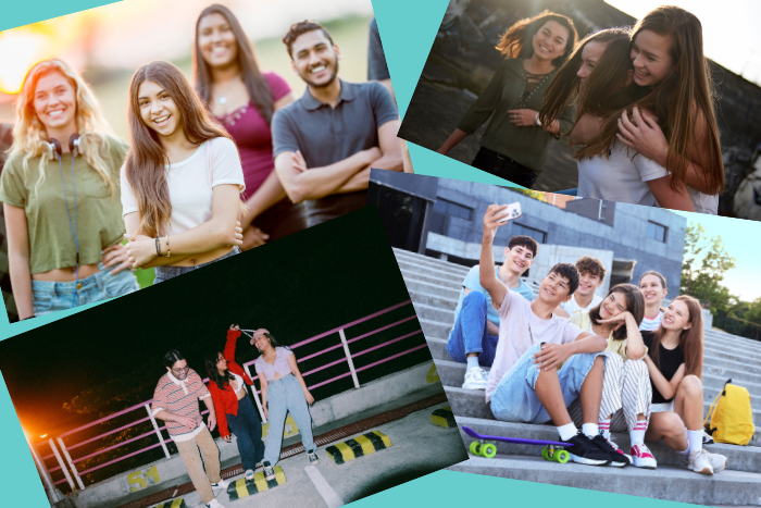 Illustration showing four pictures of teenagers hanging out. In one image they are sitting on steps, in another a girl hangs on the back of another girl, in another image teens appear to be in a parking garage goofing around.
