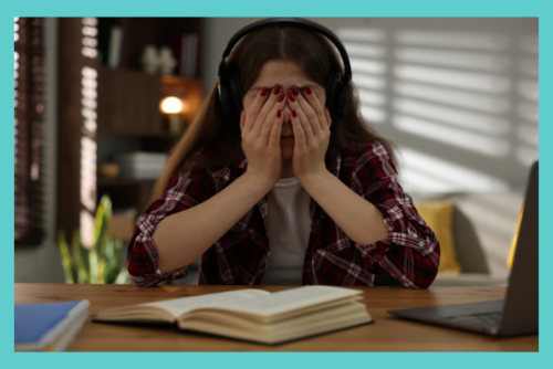 Adolescent covering her eyes from being overwhelmed and stressed by being back-to-school.